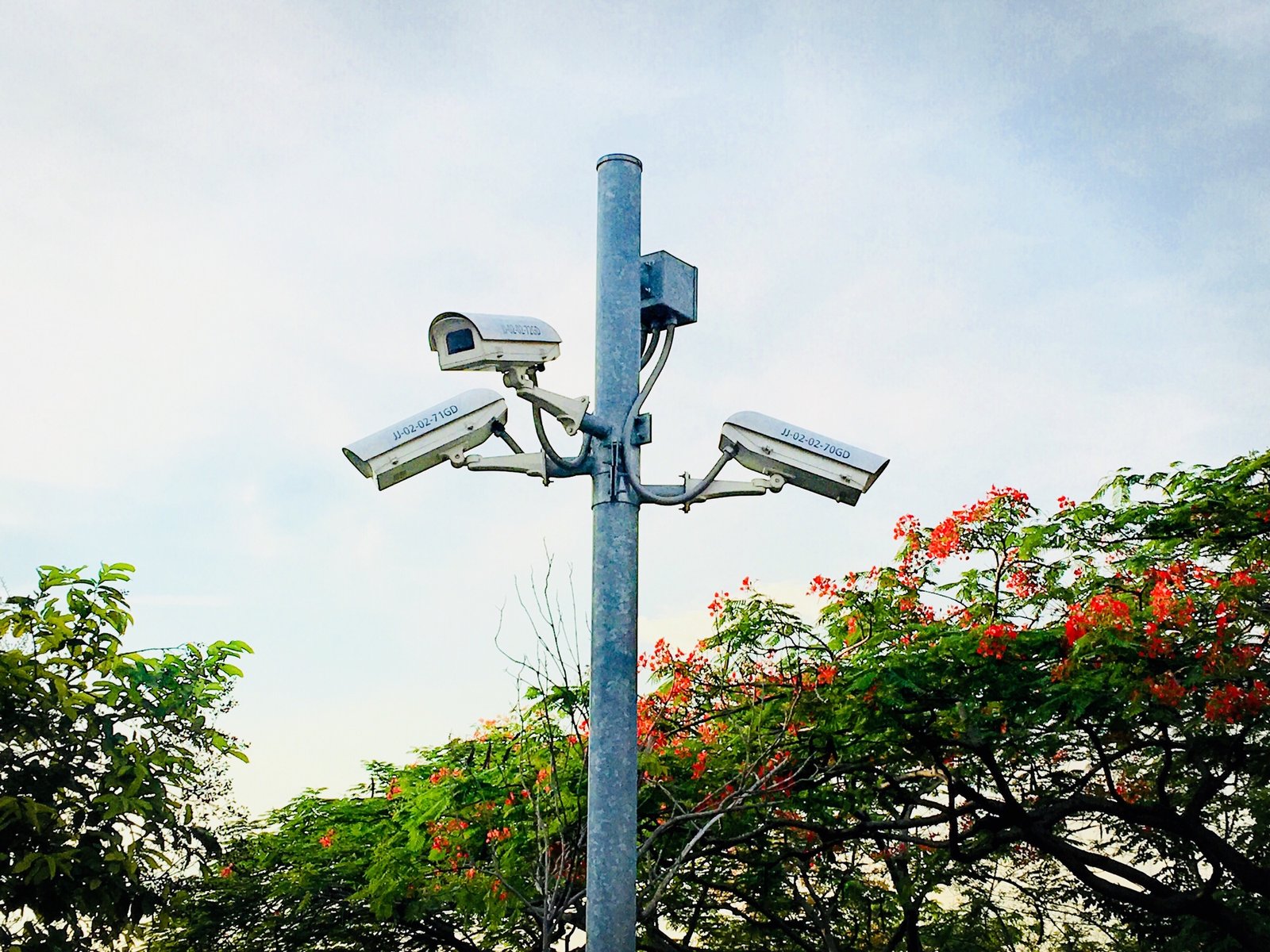 Security camera on the pole against sky